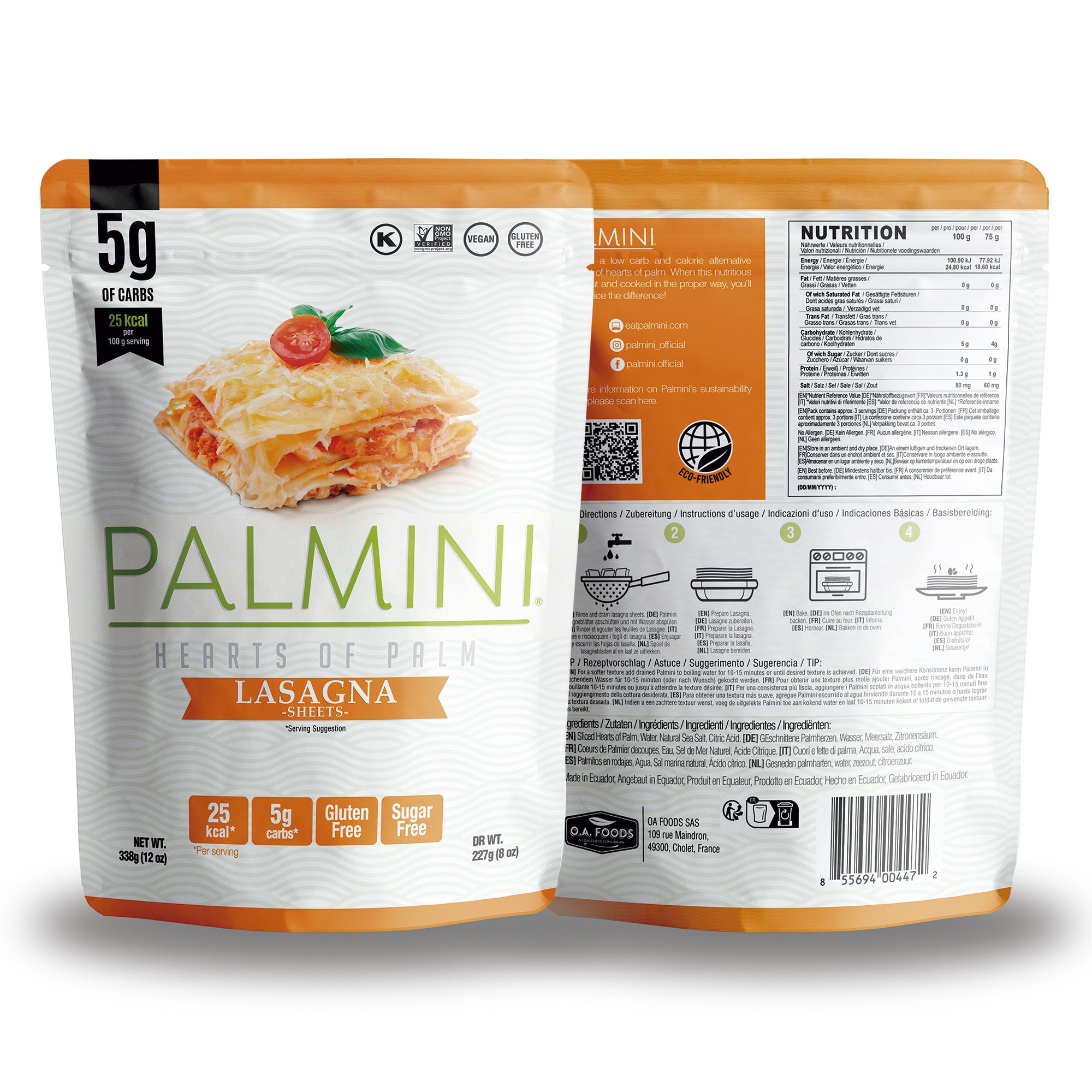 Palmini - Lasaña - 5 g de carbohidratos - Sin gluten - Paquete de 338 g