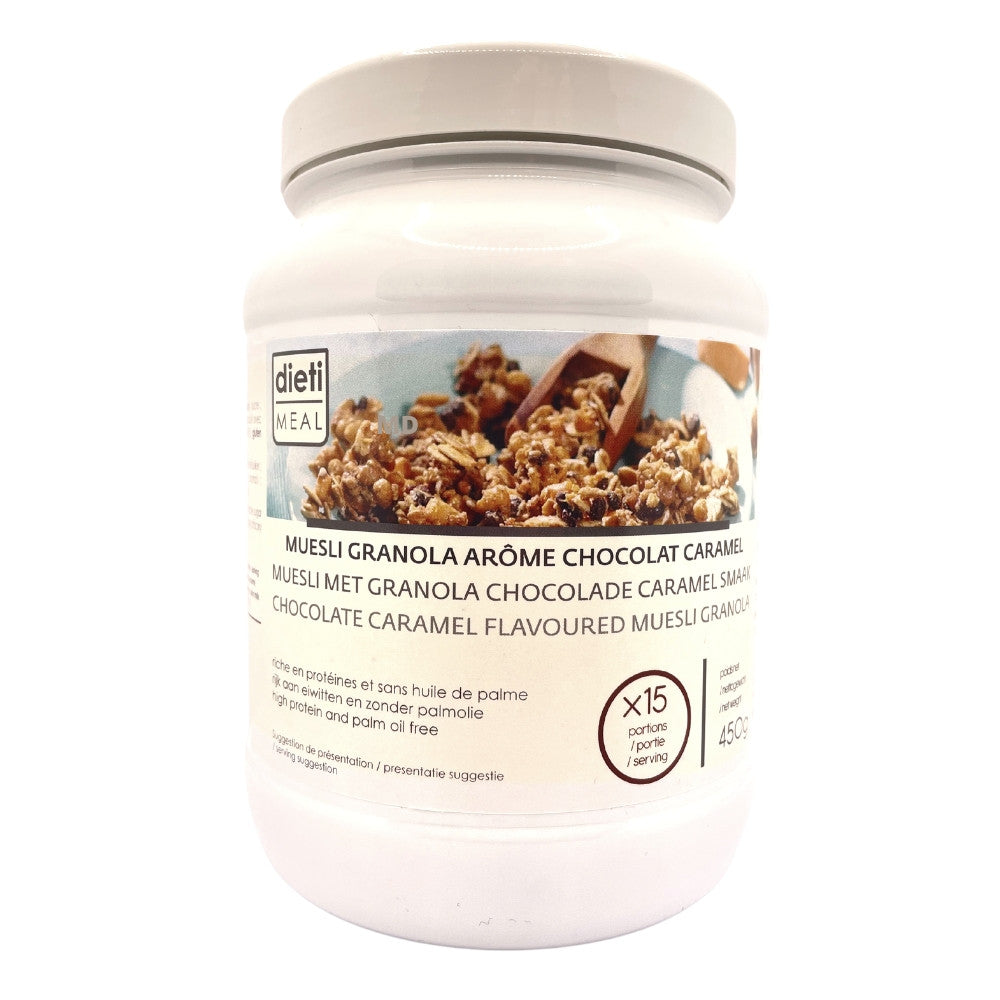 Muesli chocolate caramelo hiperproteico bote de 450g Dietisnack