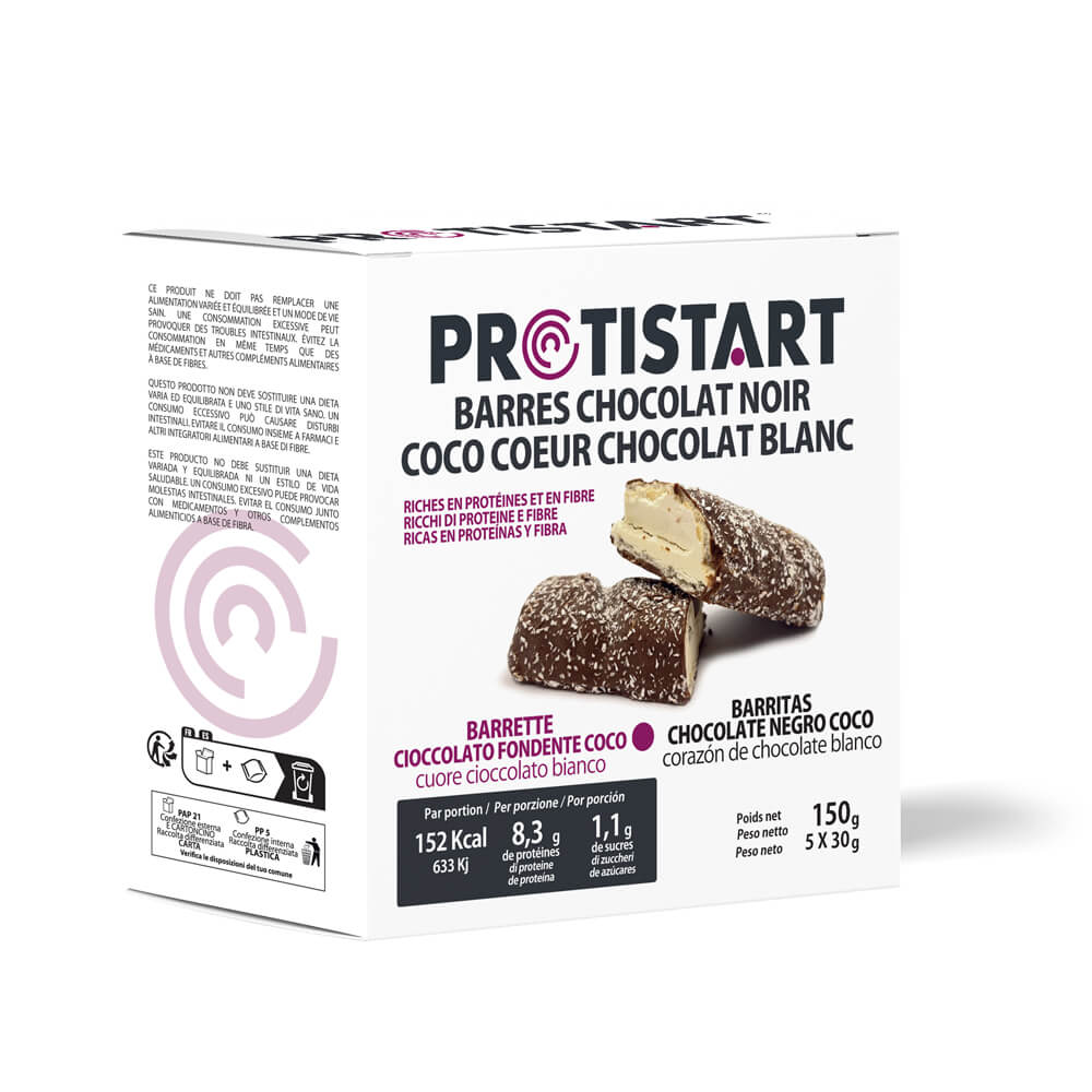 Barritas proteicas chocolate negro, coco y chocolate blanco – PROTISTART FECHA 10/2025