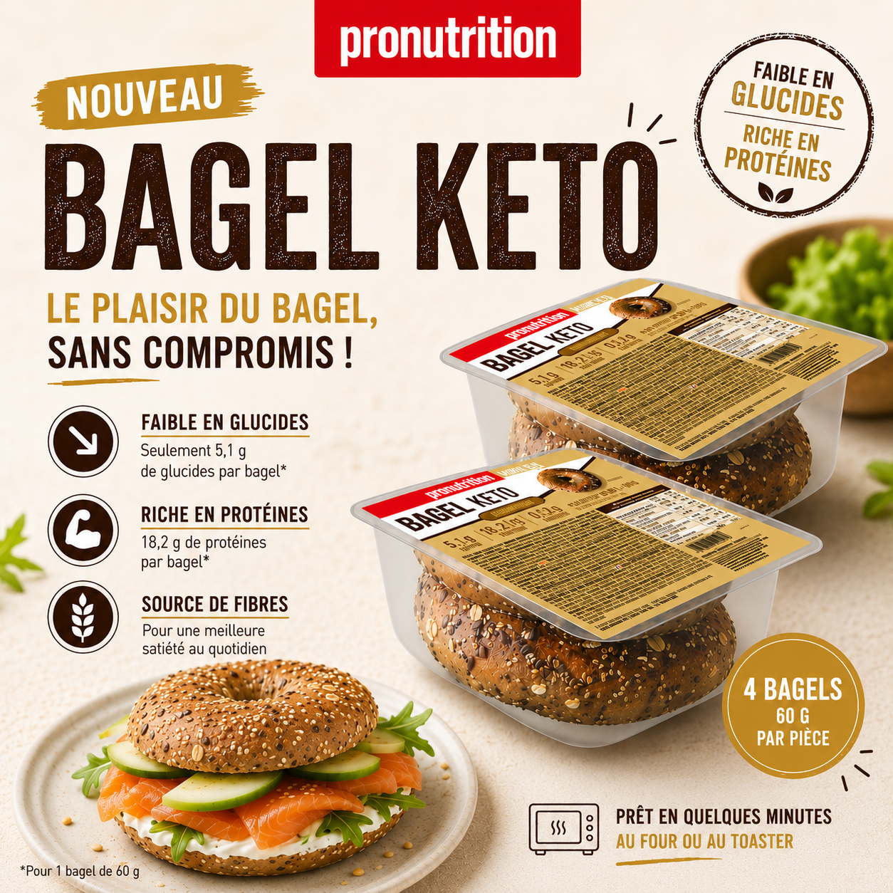 Bagel de sésamo 4 x 60 g - Pronutrition
