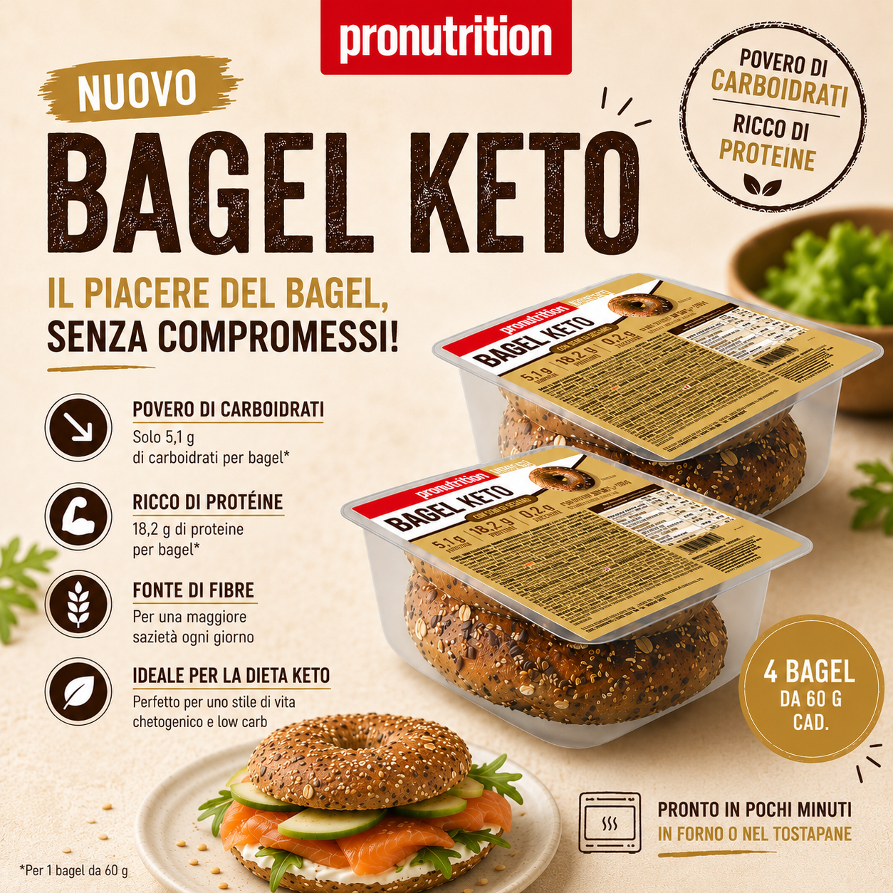 Bagel de sésamo 4 x 60 g - Pronutrition