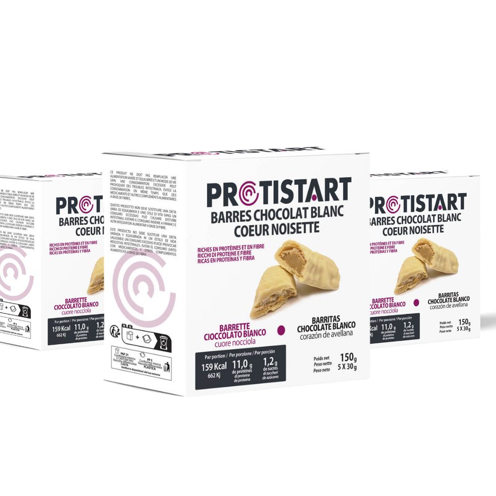 Lote de 3 cajas de 5 barritas proteicas Chocolate Blanco y Avellana – Protistart