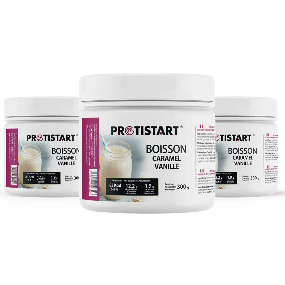 Set de 3 - Bebida Proteica de Caramelo y Vainilla PROTISTART - Bote de 300g - Rica en Proteínas, Ideal para Adelgazar y Merienda Saludable