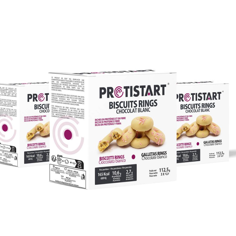 Set de 3 cajas de Galletas Proteicas de Chocolate Blanco Aros - Protistart | Merienda Saludable y Gourmet | Rico en Proteínas | Ideal para deportistas o objetivos nutricionales.